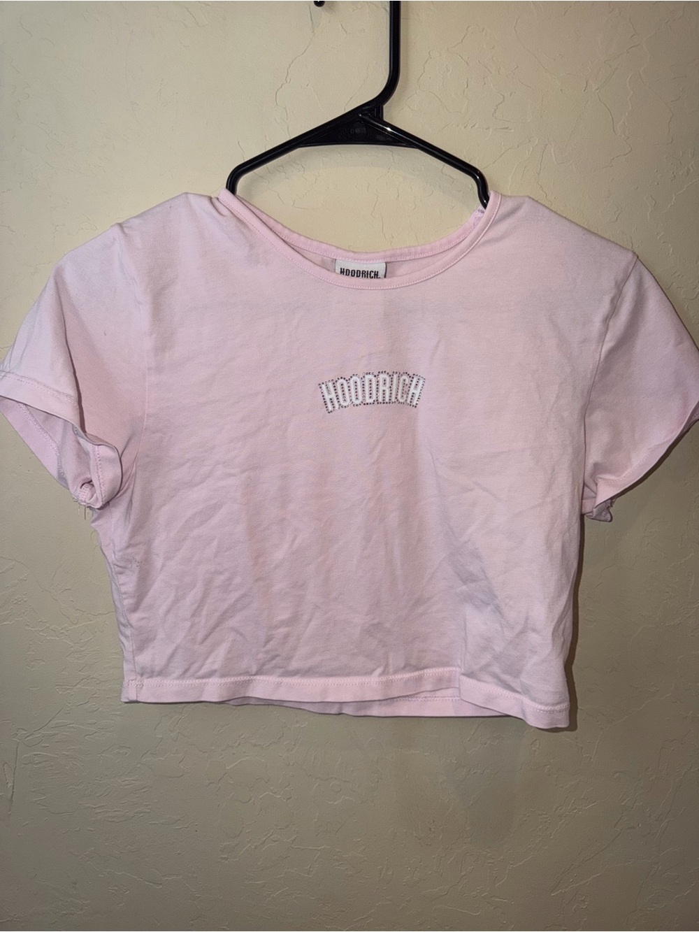 Hoodrich Women’s Pink Cotton Rhinestone Cropped Crew Neck Tee Short Sleeve XL